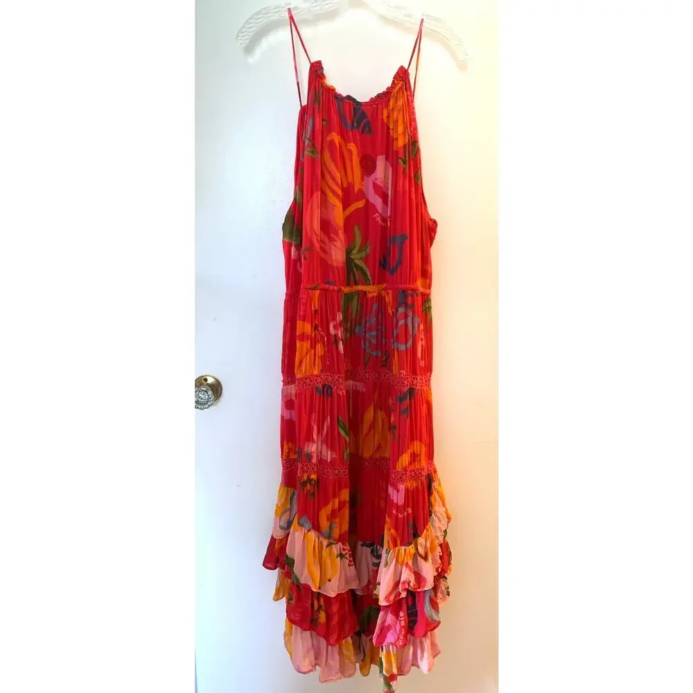 Farm Rio Mixed Fruits Ocean Maxi Dress Tiered Beaded Tassel Tropical Resort XL - Picture 7 of 16